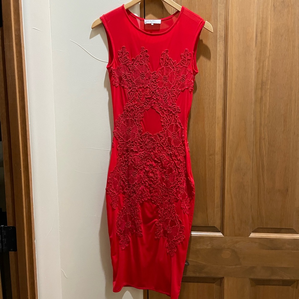 House of CB red lace partial see through midi dress